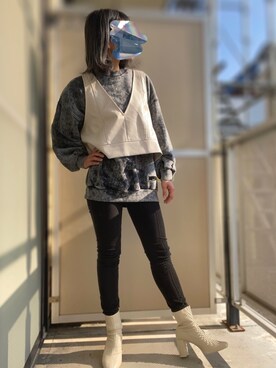 「レザーコーデ」｜「アイテム（スウェット）」を使った、r y o .さん（レディース・158cm）の秋コーディネート