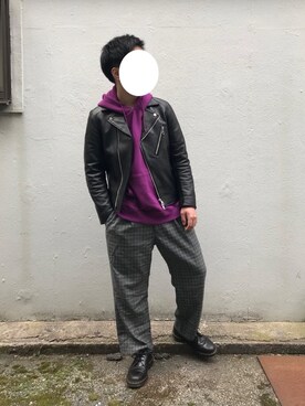 「グレンチェック」｜「アイテム（ライダースジャケット）」を使った、たくたんさん（メンズ・163cm）の冬コーディネート
