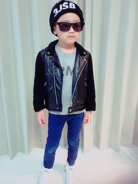 「UNIQLO（ユニクロ）のアイテム（ライダースジャケット）」を使った、トモさん（キッズ・110cm）の冬コーディネート
