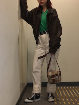 「ホワイトデニム」｜「アイテム（ライダースジャケット）」を使った、Maoさん（レディース・165cm）の冬コーディネート
