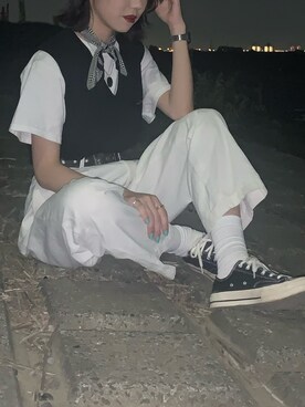「白黒」｜「アイテム（財布/小物）」を使った、Maoさん（レディース・165cm）の春コーディネート