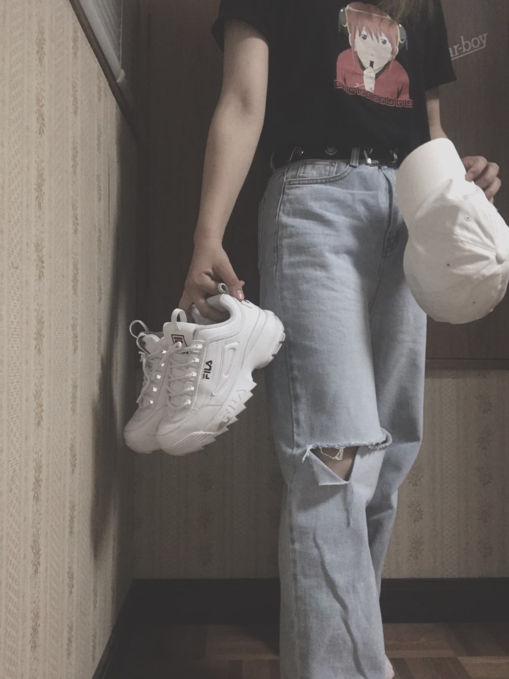 「FILAのFILA ダッドスニーカー DISRUPTOR 2 / ディスラプター2（スニーカー、ホワイト系）」を使った、えmさん（レディース・158cm）の夏コーディネートの1枚目の写真