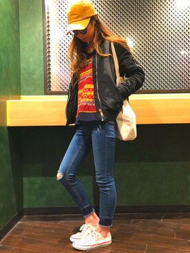 「stradivarius（ストラディバリウス）のアイテム（MA-1）」を使った、kaochiさん（レディース・159cm）の冬コーディネート