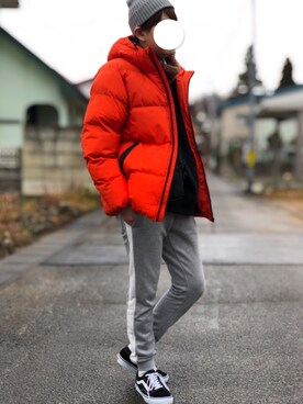 Gu ジーユー のダウンジャケット コート オレンジ系 を使ったメンズ人気ファッションコーディネート Wear