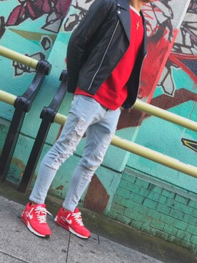 「大阪」｜「アイテム（ライダースジャケット）」を使った、せっせせいやさん（メンズ・171cm）の冬コーディネート