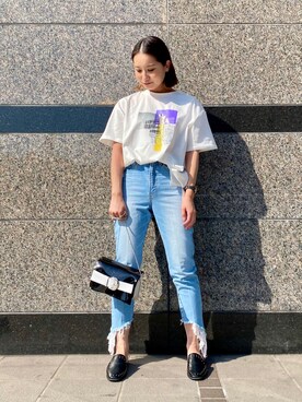 「Tシャツ×デニム」｜「アイテム（スリッポン）」を使った、さっちゃんさん（レディース・153cm）の春コーディネート