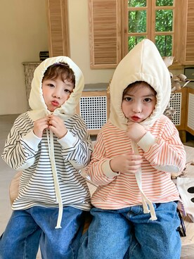 Aimoha アイモハ の Aimoha Kids 新作 韓国子供服 ボーダー柄 フード付きパーカー オーバー パーカー Wear