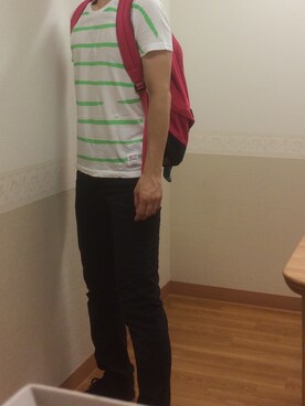 「no brand（ノーブランド）のくるりってバンドのティシャツ（Tシャツ/カットソー、グリーン系）」を使った、hihihihihiさん（メンズ・175cm）の夏コーディネート