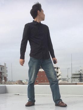 「UNIQLO（ユニクロ）のMEN ファインクロスストレッチスリムフィットブロードシャツ（長袖）（シャツ/ブラウス、ブラック系）」を使った、hihihihihiさん（メンズ・175cm）の夏コーディネート