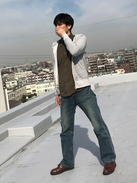 「GU（ジーユー）のアイテム（シャツ/ブラウス、グリーン系）」を使った、hihihihihiさん（メンズ・175cm）の秋コーディネート