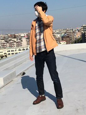 「UNIQLO（ユニクロ）のMEN ストレッチセルビッジスリムフィットジーンズ（デニムパンツ、ブルー系）」を使った、hihihihihiさん（メンズ・175cm）の秋コーディネート