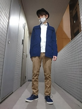 「アイテム（レインシューズ、ブルー系）」を使った、Noddyさん（メンズ・168cm）の冬コーディネート