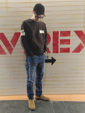 「TYPE BLUE（タイプブルー）のアイテム（デニムパンツ）」を使った、Haranoさん（メンズ・180cm）の冬コーディネート