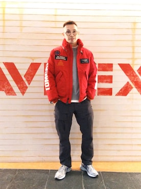 「アイテム（ミリタリージャケット、レッド系）」を使った、Haranoさん（メンズ・181cm）の秋コーディネート