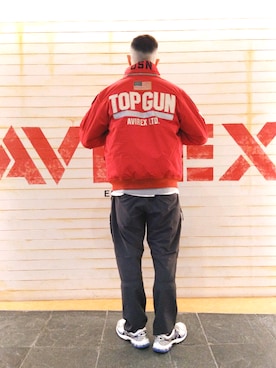 「アイテム（ミリタリージャケット、レッド系）」を使った、Haranoさん（メンズ・181cm）の秋コーディネート