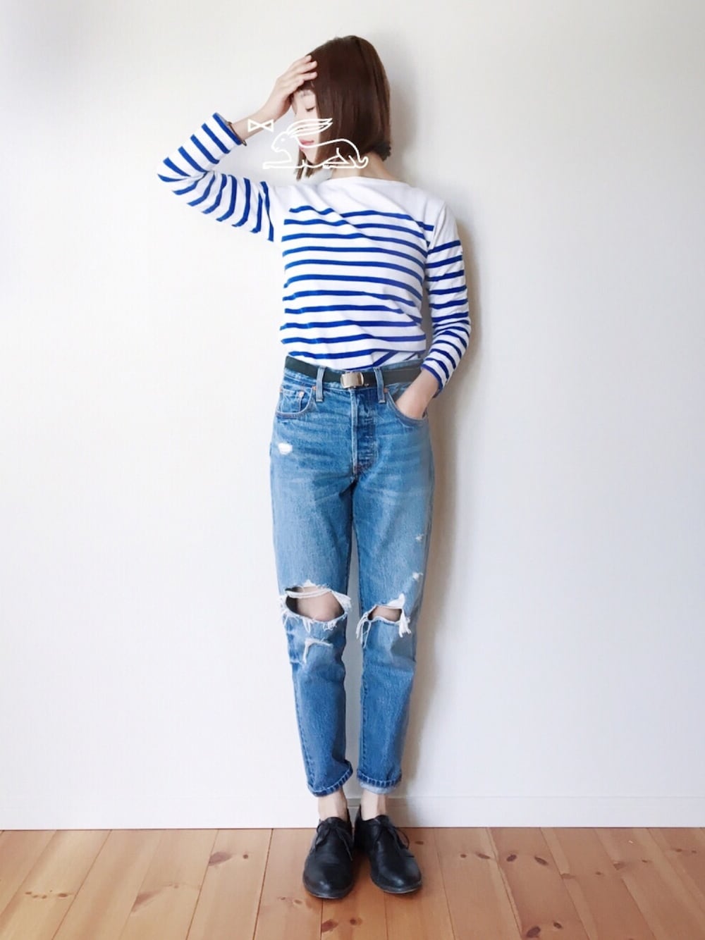 「スキニーデニム、しましまの会、ボーダートップス、Levi's、デニムコーデ」｜「ORCIVALの【ORCIVAL(オーシバル)】ラッセル フレンチセーラーTシャツ WHT/BLU（Tシャツ/カットソー、ホワイト系）」を使った、 s h i.さん（レディース・157cm）の春コーディネートの1枚目の写真