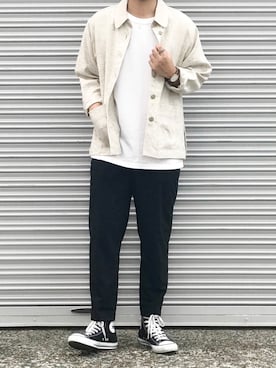 「アイテム（カバーオール、ホワイト系）」を使った、ちゃんえがさん（メンズ・178cm）の秋コーディネート