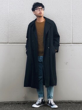 「テーパードデニム」｜「アイテム（トレンチコート）」を使った、ちゃんえがさん（メンズ・178cm）の秋コーディネート
