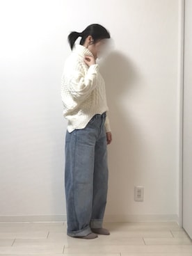 「UNIQLO（ユニクロ）のハイライズワイドストレートジーンズ（デニムパンツ）」を使った、fufufuさん（レディース・157cm）の冬コーディネート