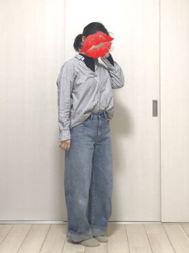 「UNIQLO（ユニクロ）のハイライズワイドストレートジーンズ（デニムパンツ）」を使った、fufufuさん（レディース・157cm）の冬コーディネート