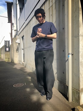 「NANO universe（ナノユニバース）のアイテム（ハンチング/ベレー帽）」を使った、山本浩章さん（メンズ・173cm）の夏コーディネート