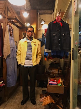 「VINTAGE（ヴィンテージ）のアイテム（ブルゾン、イエロー系）」を使った、Hirokazu Kodamaさん（メンズ・178cm）の冬コーディネート