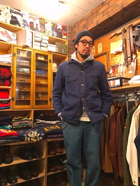 「Wrangler（ラングラー）のアイテム（カバーオール、ブルー系）」を使った、Hirokazu Kodamaさん（メンズ・178cm）の冬コーディネート