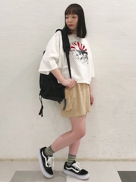 「半袖」｜「アイテム（バックパック/リュック）」を使った、CandyStripperさん（レディース・155cm）の春コーディネート