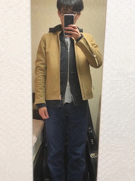 「ワッフルクルーネックＴ」｜「アイテム（ライダースジャケット）」を使った、Tak.Kさん（メンズ・168cm）の冬コーディネート