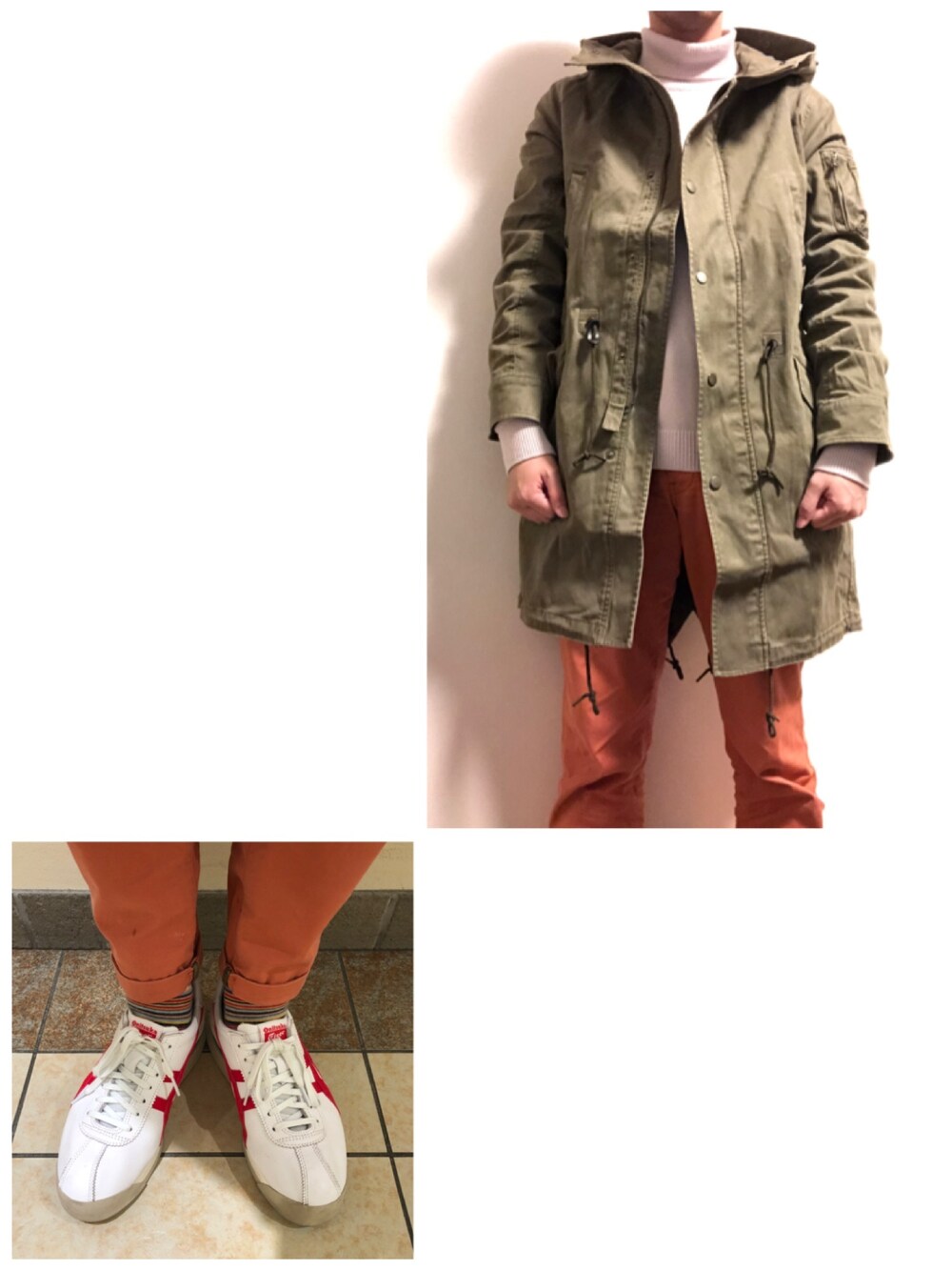 ホワイト系のニット/セーター、グリーン系のモッズコート、レッド系のスラックスを着用したメンズの春コーディネートの1枚目の写真