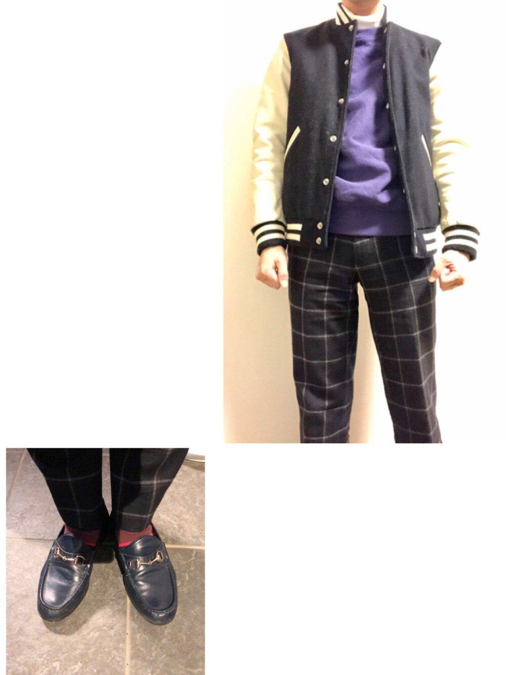 「スタジャン、スウェット、チェックパンツ、ブルー×パープル、ビットローファー」｜「FREAK'S STOREのスウェットカウレザーアワードジャケット                （スタジャン、ブルー系）」を使った、Tak.Kさん（メンズ・168cm）の春コーディネートの1枚目の写真