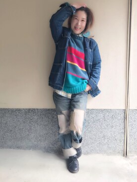 「アイテム（ニット/セーター、ブルー系）」を使った、みーこさん（レディース・158cm）の冬コーディネート
