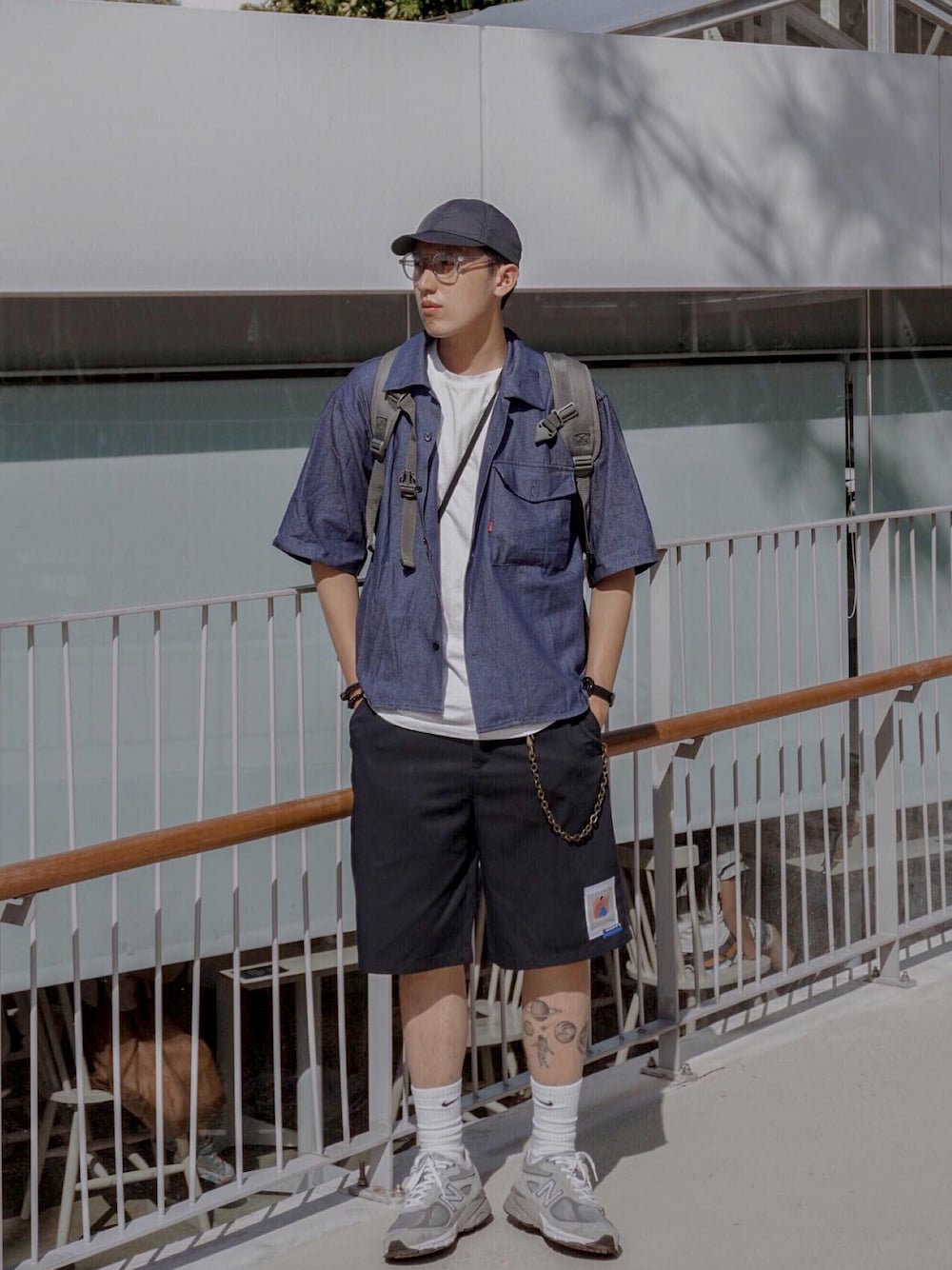 「street、lookbook、streetstyle、夏、街頭穿搭、基礎款、New Balance、ootd、outfit、daily look」｜「F/CE. のアイテム（バックパック/リュック、グリーン系）」を使った、LWJさん（メンズ・177cm）の夏コーディネートの1枚目の写真