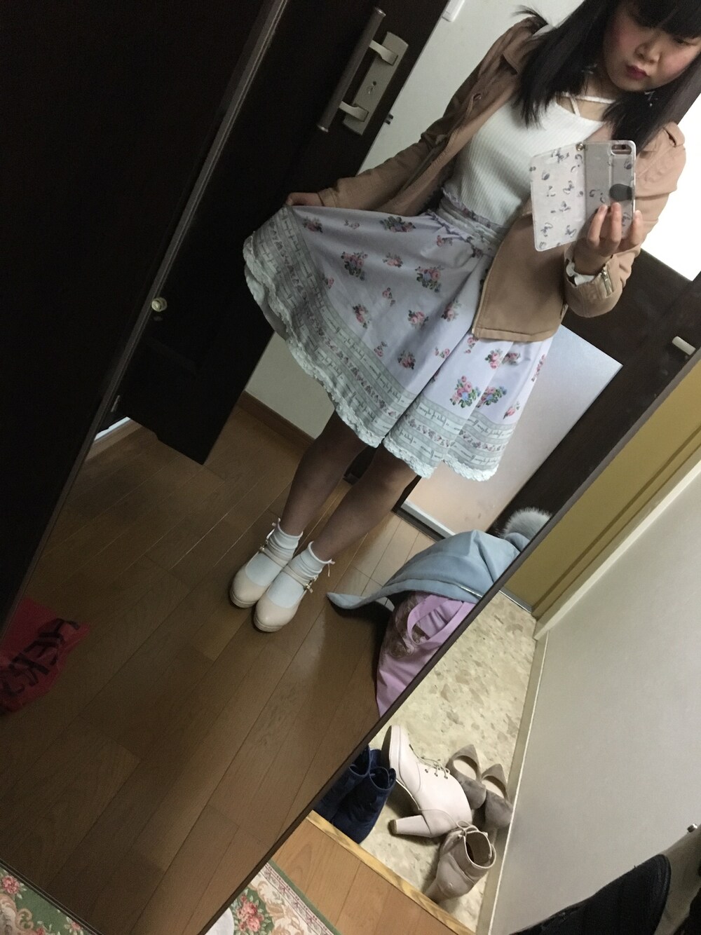 「春服、Ank Rouge、nice claup、OLIVE des OLIVE」｜「Ank Rougeのアイテム（スカート、パープル系）」を使った、funamonさん（レディース・152cm）の春コーディネートの1枚目の写真