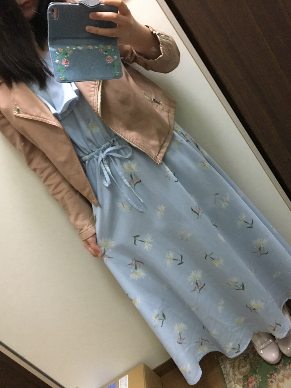 「Ank Rouge、新作、マーガレット柄ワンピース、はるコーデ、OLIVE des OLIVE」｜「Ank Rougeのアイテム（ワンピース、ブルー系）」を使った、funamonさん（レディース・151cm）の春コーディネートの1枚目の写真