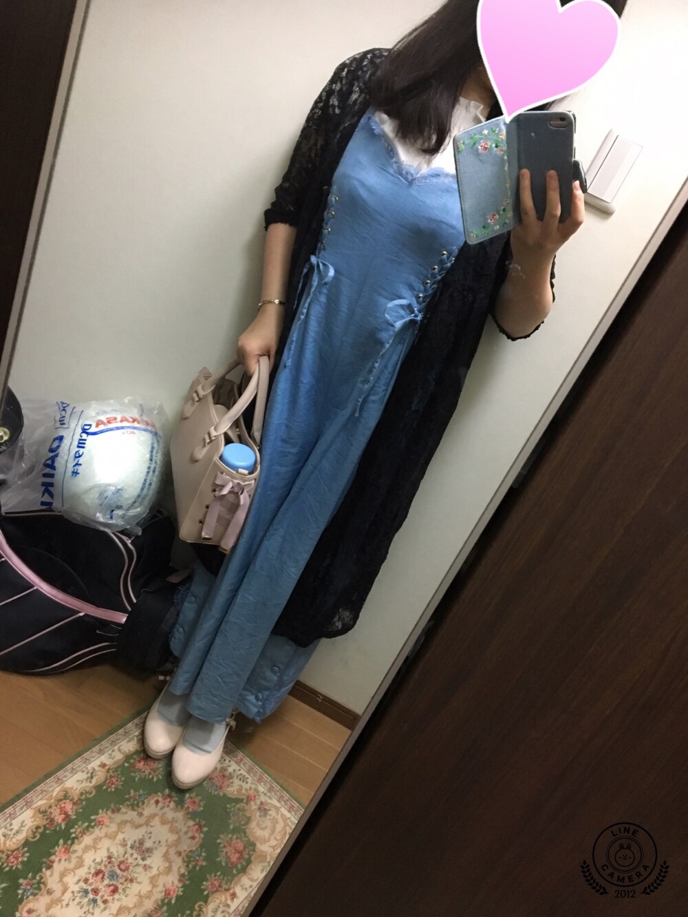 「大学生、オールインワン、新しいかばん、MAJESTIC LEGON、Ank Rouge、nice claup、LIZ LISA」｜「LIZ LISAのアイテム（つなぎ/オールインワン、ブルー系）」を使った、funamonさん（レディース・151cm）の春コーディネートの1枚目の写真