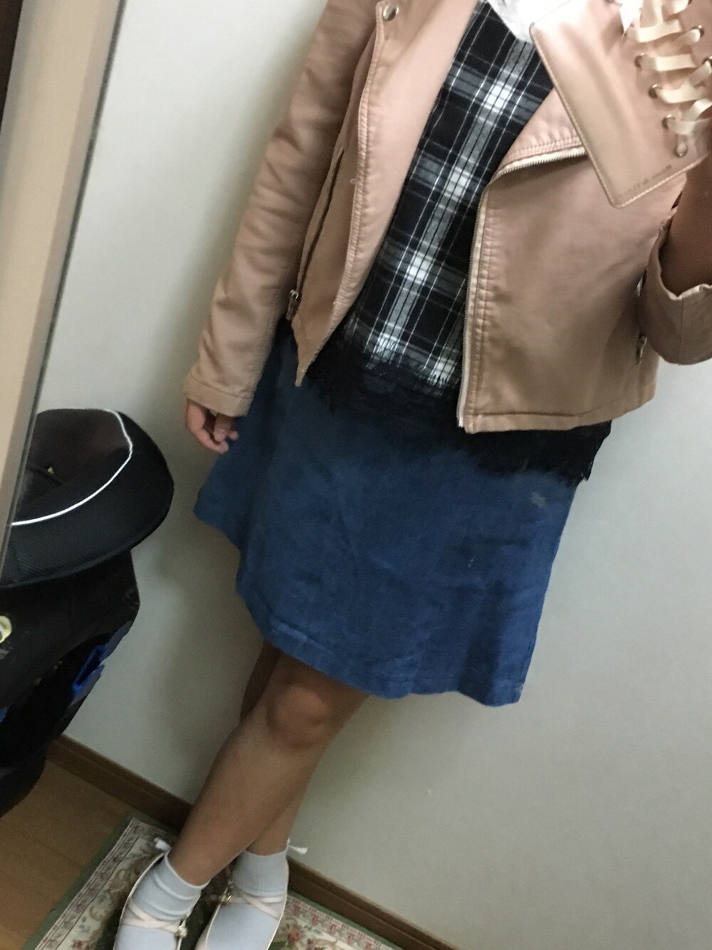 「4年生後期、今日から大学、卒業できるように頑張る、大学生、学生最後の夏休みも終わった、OLIVE des OLIVE、ワンアフターアナザー ナイスクラップ(one after another NICE CLAUP)、MAJESTIC LEGON、珍しくAnk Rougeを着てない」｜「MAJESTIC LEGONのサイド編み上げAラインスカート（スカート、ブルー系）」を使った、funamonさん（レディース・151cm）の秋コーディネートの1枚目の写真