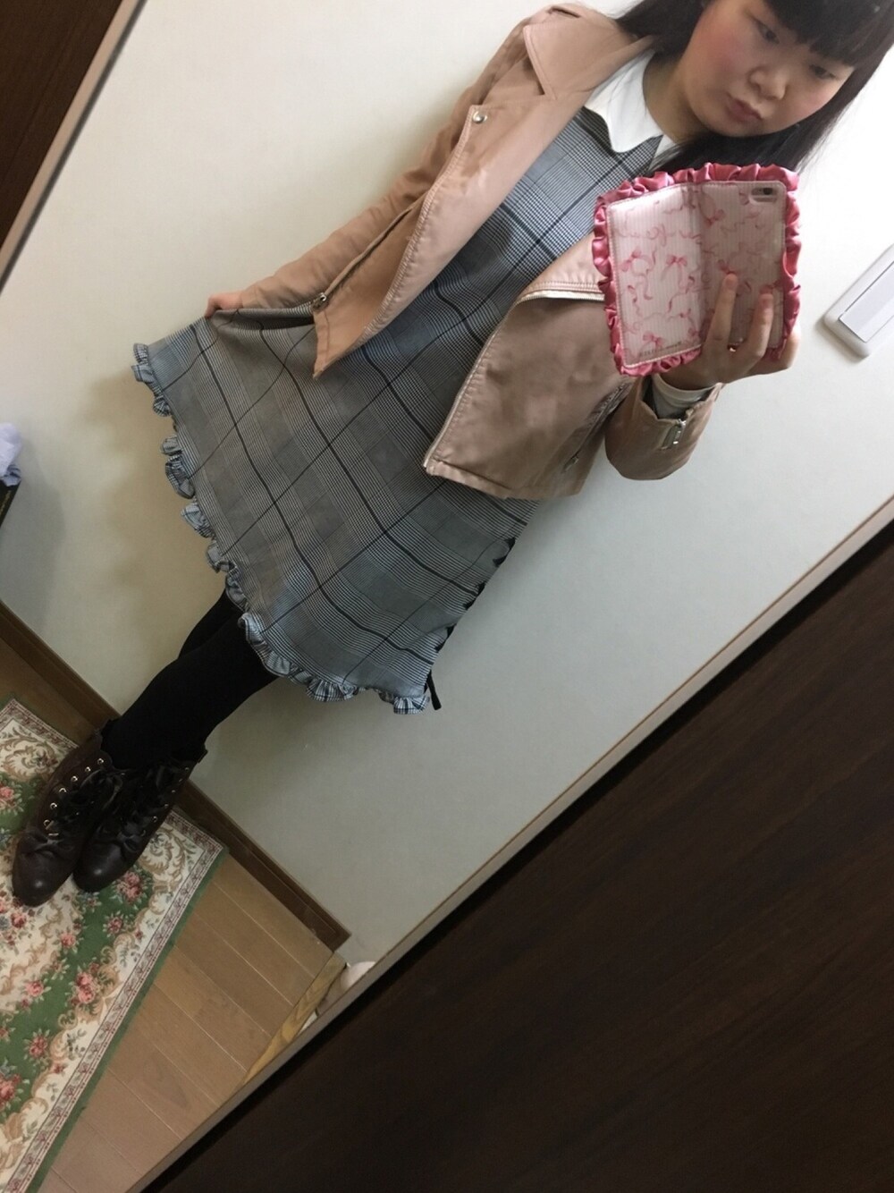 「Ank Rouge、大学生、Ank Rouge大好き、OLIVE des OLIVE」｜「Ank Rougeのアイテム（ワンピース、グレー系）」を使った、funamonさん（レディース・151cm）の秋コーディネートの1枚目の写真