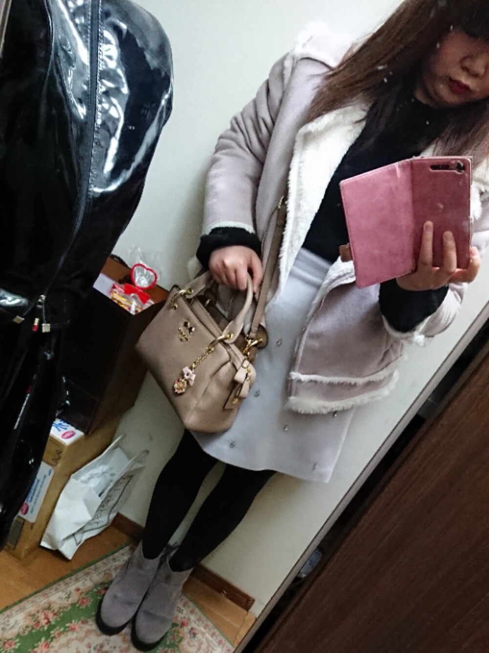 「1人でお出かけ、シークレットセール、one after another NICE CLAUP、MAJESTIC LEGON、titty&Co.、31 Sons de mode、Samantha Vega、1人パルコ、冬コーデ」｜「TITTY&CO.のリボンフリルニットプルオーバー（ニット/セーター、ブラック系）」を使った、funamonさん（レディース・152cm）の冬コーディネートの1枚目の写真