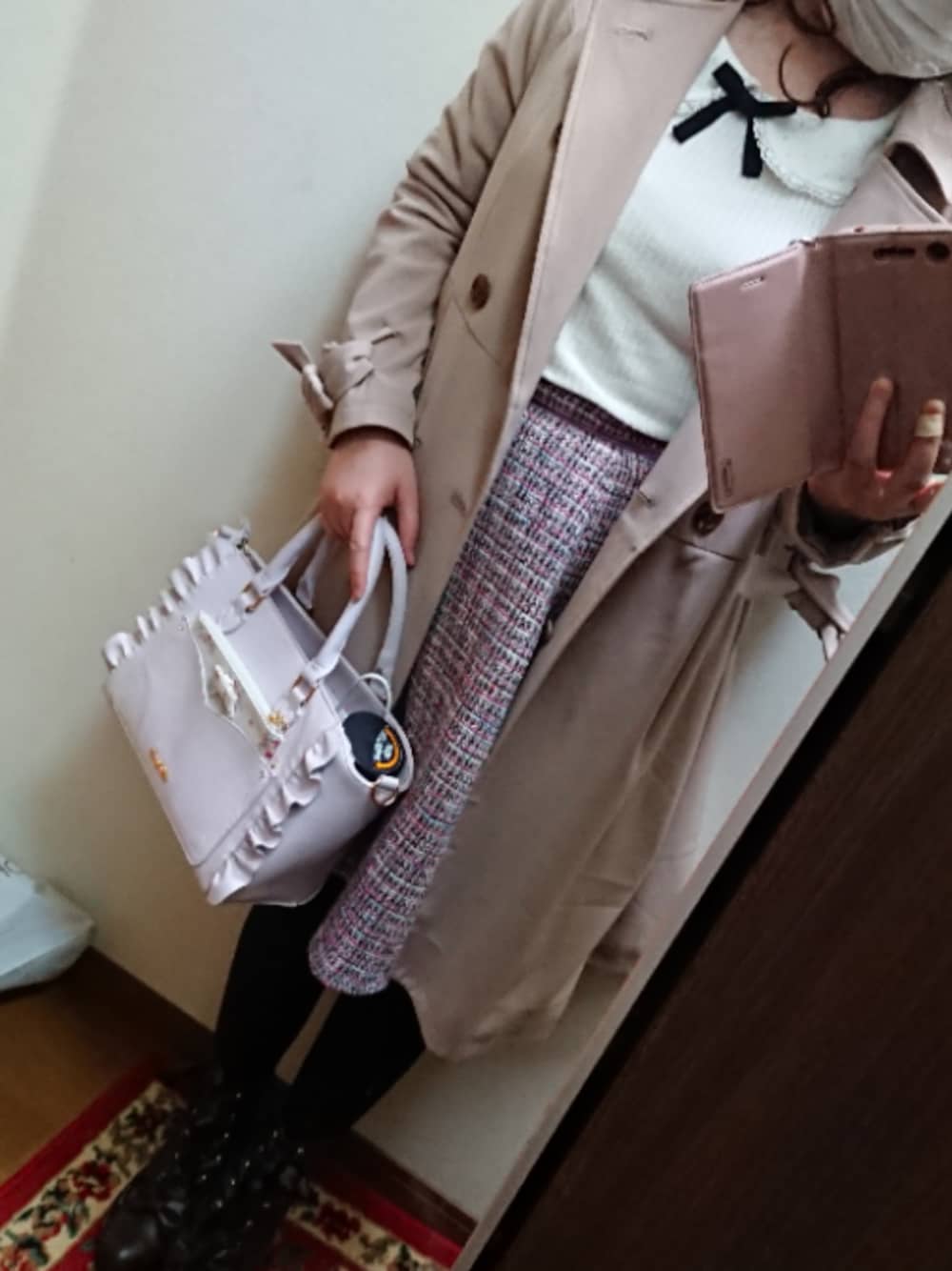 「LODISPOTTO、Ank Rouge、休日コーデ、ショッピング、母と2人で日帰り旅行、福岡、爆買い、noela」｜「Noelaのベルト配色ツイードＳＫ（スカート、ピンク系）」を使った、funamonさん（レディース・152cm）の冬コーディネートの1枚目の写真