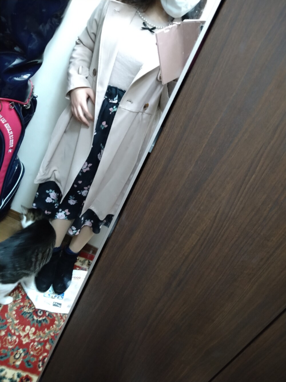 「MAJESTIC LEGON、Ank Rouge、全身Ank Rouge、Ank Rougeオリジナル柄、池袋店限定スカート、愛猫のるな。、通勤コーデ、Ank Rouge×MAJESTIC LEGON」｜「Ank Rougeのアイテム（スカート、ブラック系）」を使った、funamonさん（レディース・152cm）の秋コーディネートの1枚目の写真