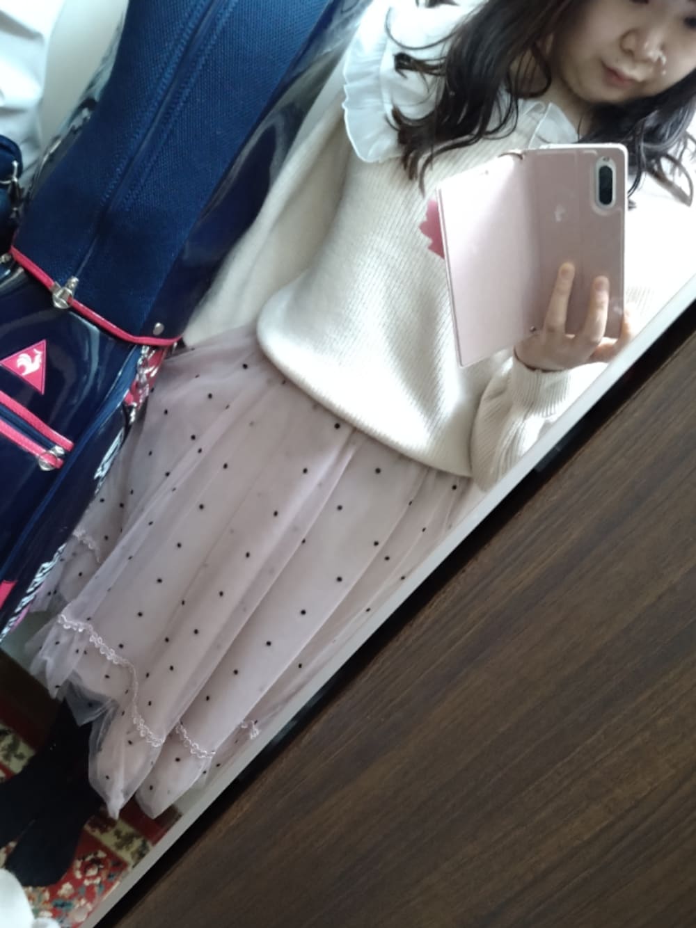 「LODISPOTTO、OLIVE des OLIVE、おニューの服、昨日届いた、ZOZOTOWN、私の推しブランド」｜「LODISPOTTOのドットチュールふんわりスカート（スカート、ピンク系）」を使った、funamonさん（レディース・152cm）の冬コーディネートの1枚目の写真