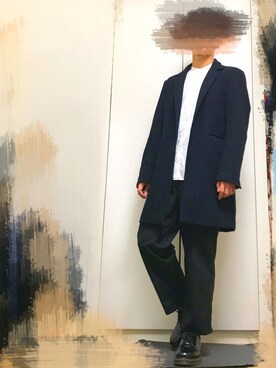 「ノーカラーシャツ」｜「アイテム（チェスターコート）」を使った、うみさん（メンズ・168cm）の冬コーディネート