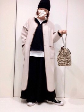 「パイピングコート」｜「アイテム（スウェット）」を使った、𝐦𝐚𝐱𝐡𝐨𝐧𝐞𝐲さん（レディース・160cm）の冬コーディネート