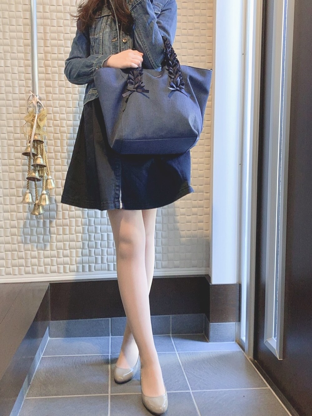 「大学生、春、大人ガーリー、Gジャン、おしゃれさんと繋がりたい、ワンピース、今日のコーデ、ブルー、7分袖、夏コーデ」｜「LOIS CRAYONのアイテム（ワンピース/ドレス、ブルー系）」を使った、Canonさん（レディース・160cm）の春コーディネートの1枚目の写真