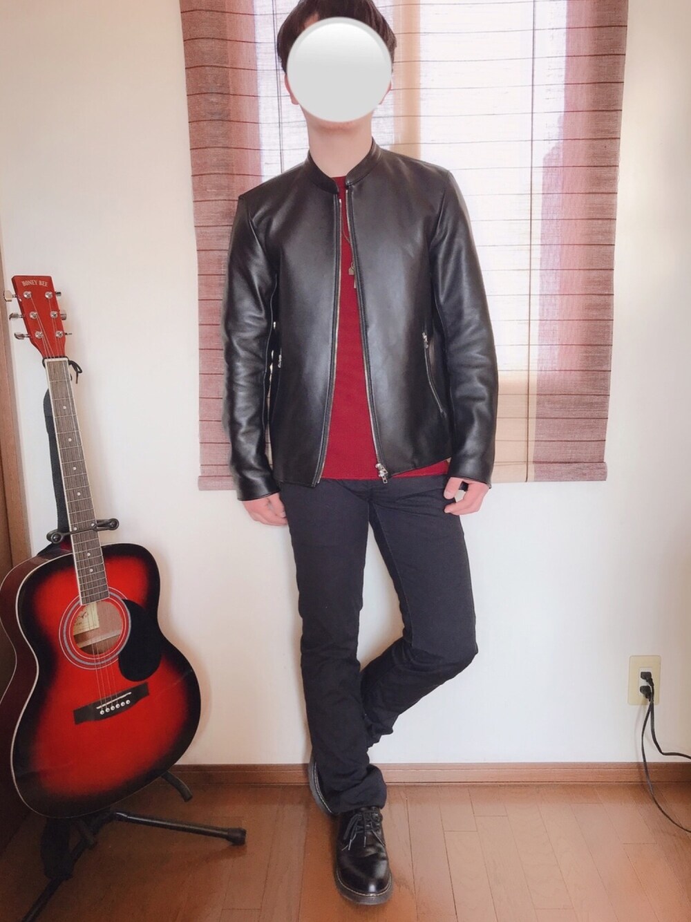 「きれいめカジュアル、ライダース、黒スキニー、Dr.Martens、春コーデ、高校生、冬コーデ、プチプラ、プチプラコーデ、ワインレッド」｜「Dr. MartensのDr.Martens / ドクターマーチン 1461 3EYE GIBSON SHOE 3ホール ギブソン シューズ（ドレスシューズ、ブラック系）」を使った、ゆうひくん［低身長男子 ］さん（メンズ・165cm）の冬コーディネートの1枚目の写真