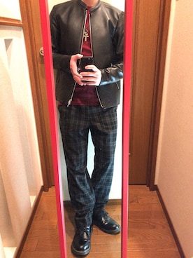 「ワインレッド」｜「アイテム（ライダースジャケット）」を使った、ゆうひくん［低身長男子 ］さん（メンズ・165cm）の春コーディネート