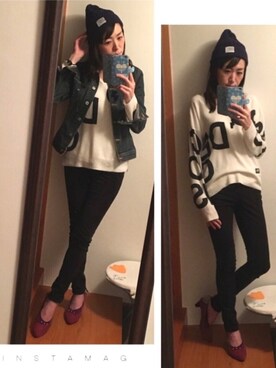 「ロゴニット」｜「アイテム（デニムジャケット）」を使った、kayocchiさん（レディース・163cm）の冬コーディネート