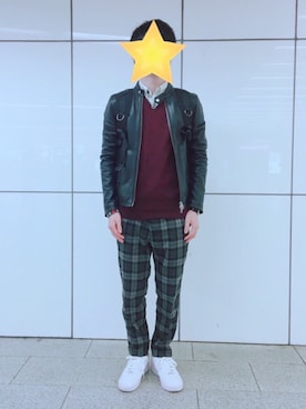「AIR FORCE 1」｜「アイテム（ライダースジャケット）」を使った、Apple☺︎さん（メンズ・170cm）の冬コーディネート