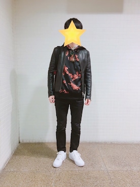 「AIR FORCE 1」｜「アイテム（ライダースジャケット）」を使った、Apple☺︎さん（メンズ・170cm）の冬コーディネート